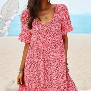 NWT Noracora Red Floral Printed Short Sleeve Vintage Boho Dress Size Large